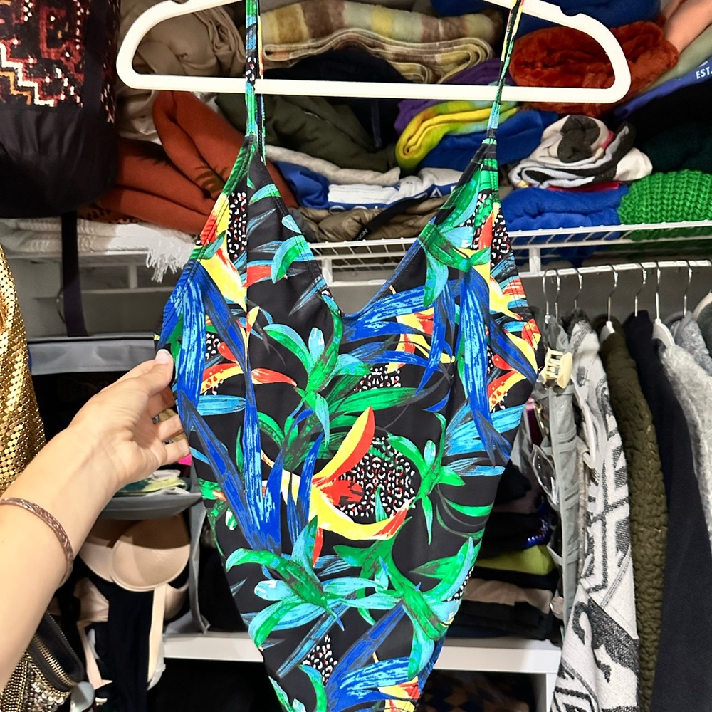 Nasty Gal One Piece Black with Blue and Green Tropical Print